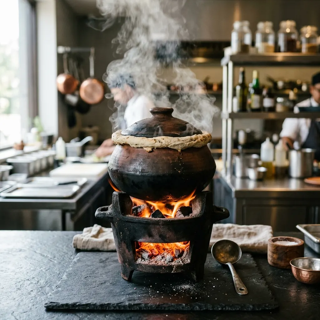 Dough-sealed clay handi pot cooking biryani over dying embers