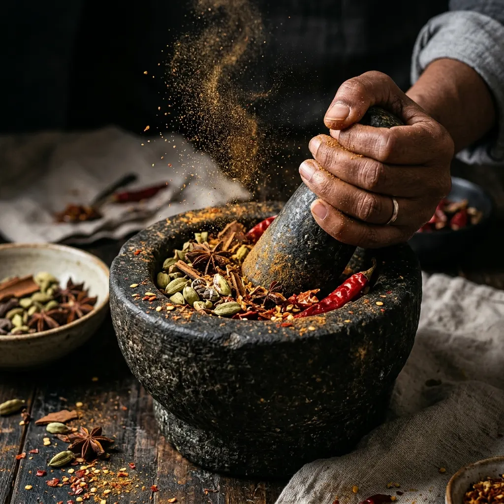 Aromatic whole Indian spices being crushed on a stone mortar