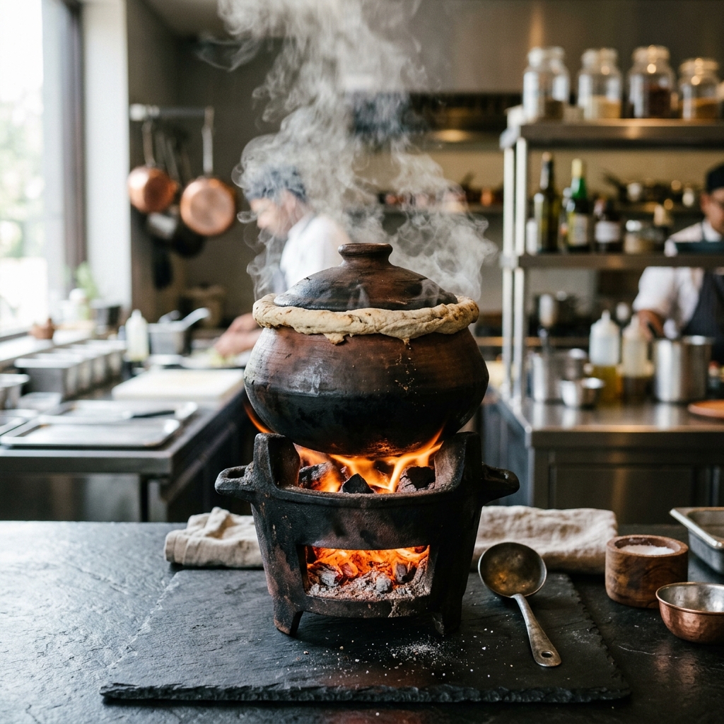 Dough-sealed clay handi pot cooking biryani over dying embers