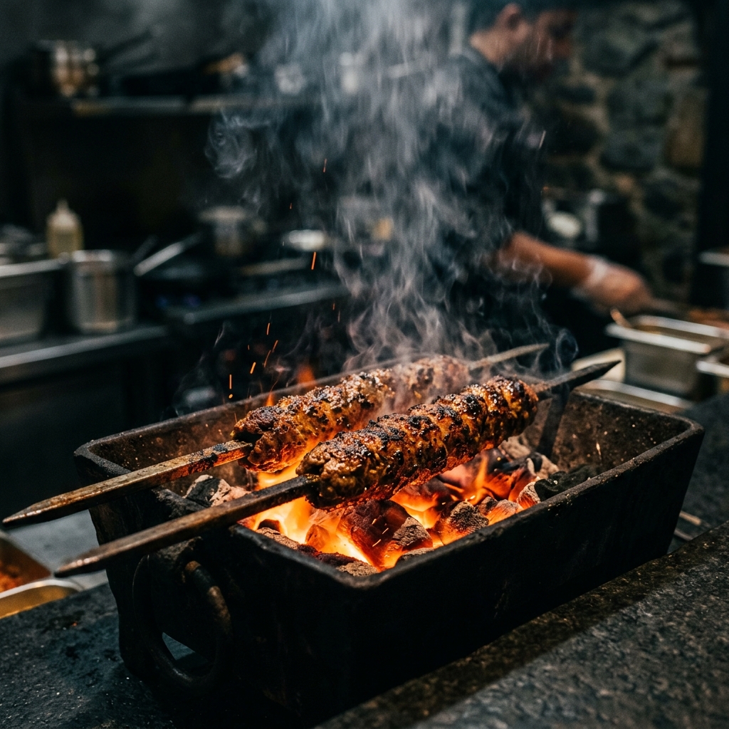 Spicy chicken kebabs cooking over an open-air charcoal sigree grill