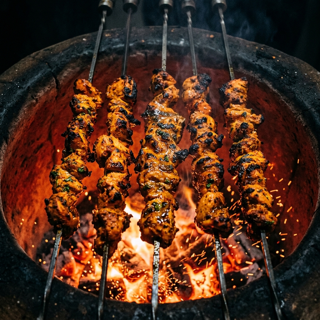 Skewers of chicken roasting inside a glowing clay tandoor oven